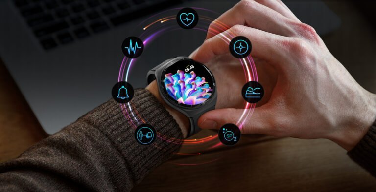 A person checking their smartwatch, displaying health and fitness metrics, embodying the benefits of wearable technologyy